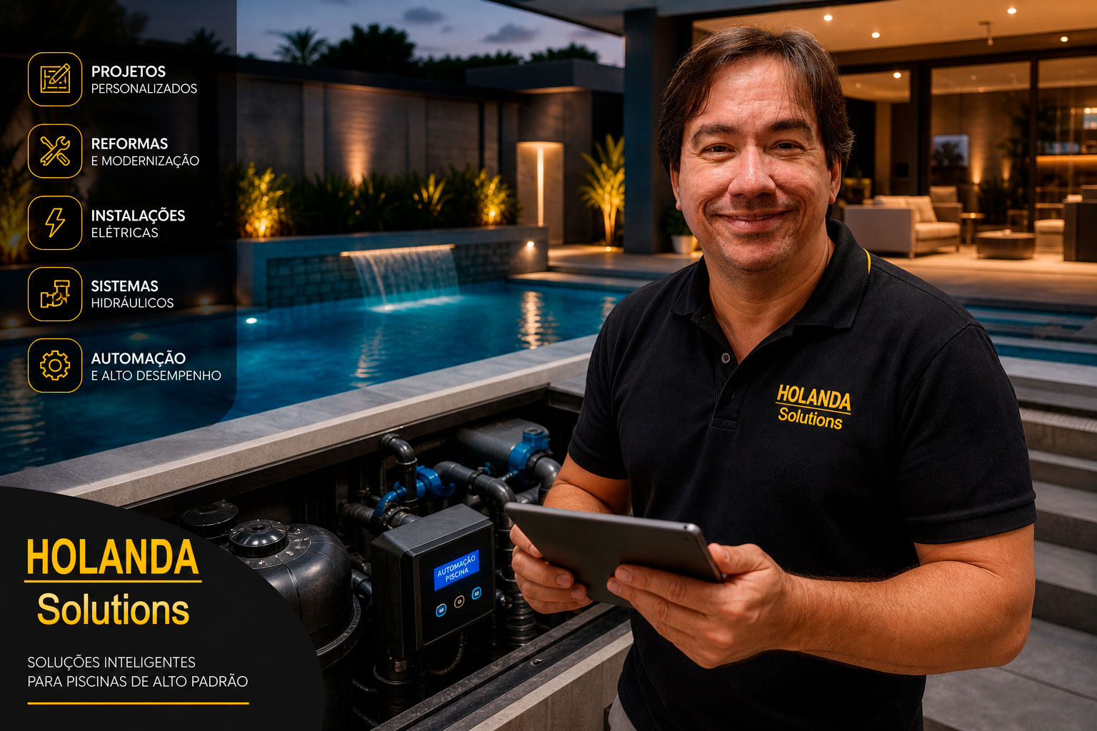 Piscina moderna com sistema técnico instalado